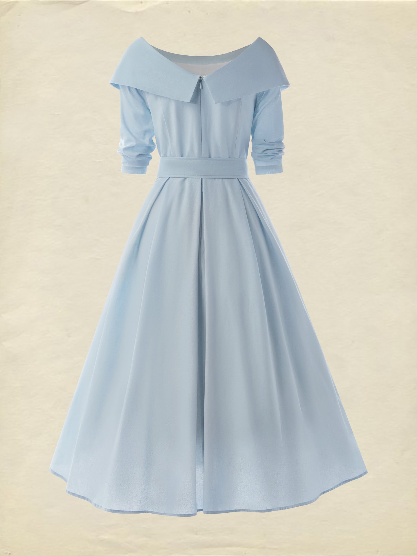 Midi Cotton Dress , Long Sleeves, Off Shoulder, Plain, Belt Design, French Vintage, Sky Blue - Sky Blue