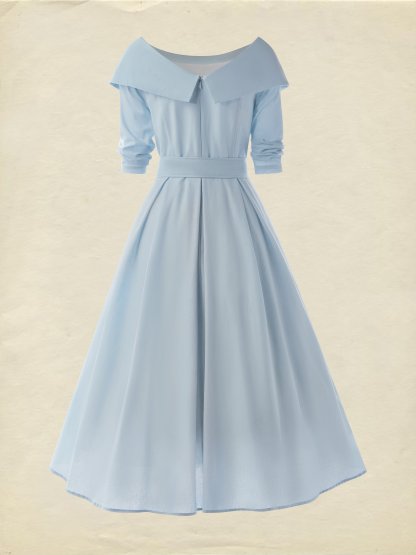 Midi Cotton Dress , Long Sleeves, Off Shoulder, Plain, Belt Design, French Vintage, Sky Blue - Sky Blue