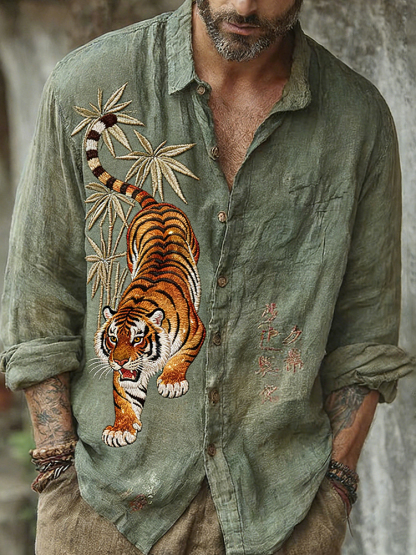Men's Vintage Japanese Bamboo Tiger Art Print Long Sleeve Shirt - Green