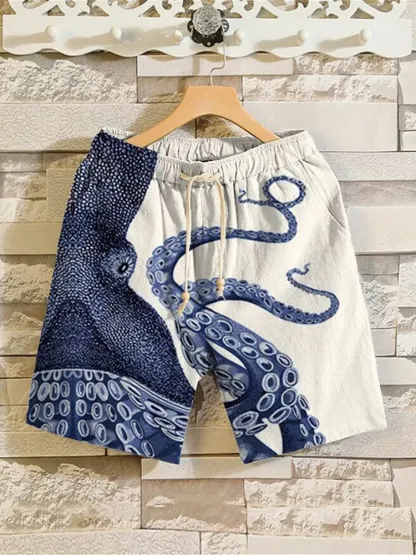 Japanese Art Octopus Graphic Printed Casual Shorts - Beige