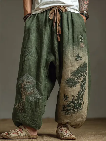 Men's Japanese Pine Trees Embroidered Bleached Wide Leg Linen Pants - Green