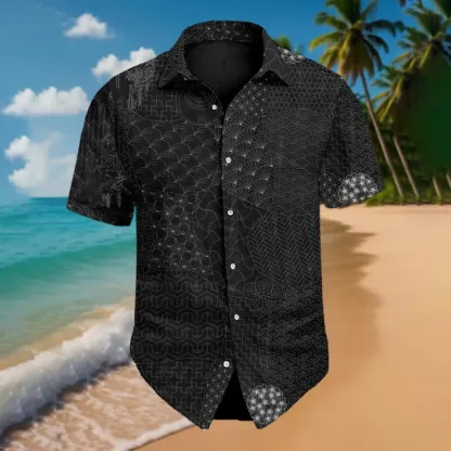 Men's Japanese Traditional Sashiko Art Beach Linen Shirt - Black