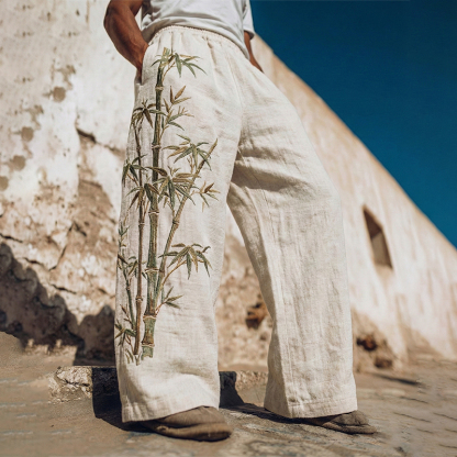 Men's Japanese Bamboo Art Pattern Linen Blend Pants - Beige