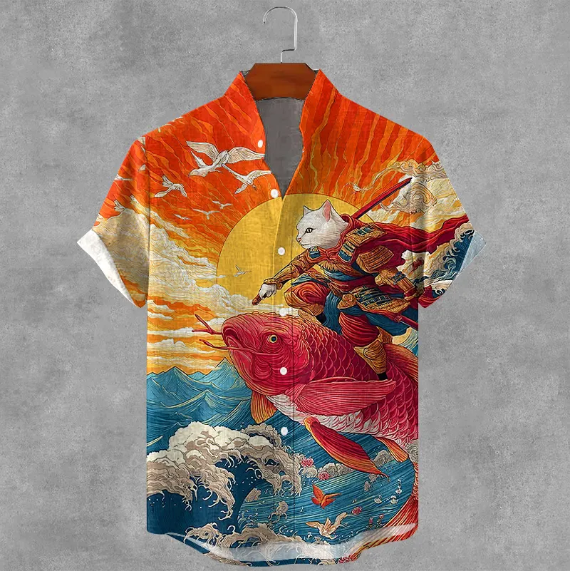 Men's Warrior White Cat Riding A Koi Japanese Art Print Short Sleeve Shirt - Multicolor