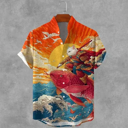 Men's Warrior White Cat Riding A Koi Japanese Art Print Short Sleeve Shirt - Multicolor
