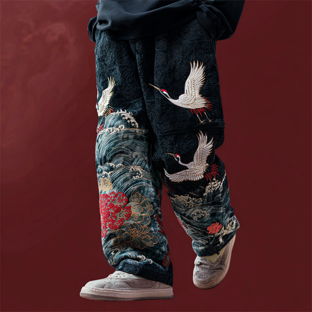 Japanese Ocean Crane Art Men's Casual Pants - Navy blue