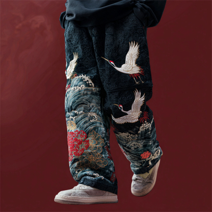 Japanese Ocean Crane Art Men's Casual Pants - Navy blue