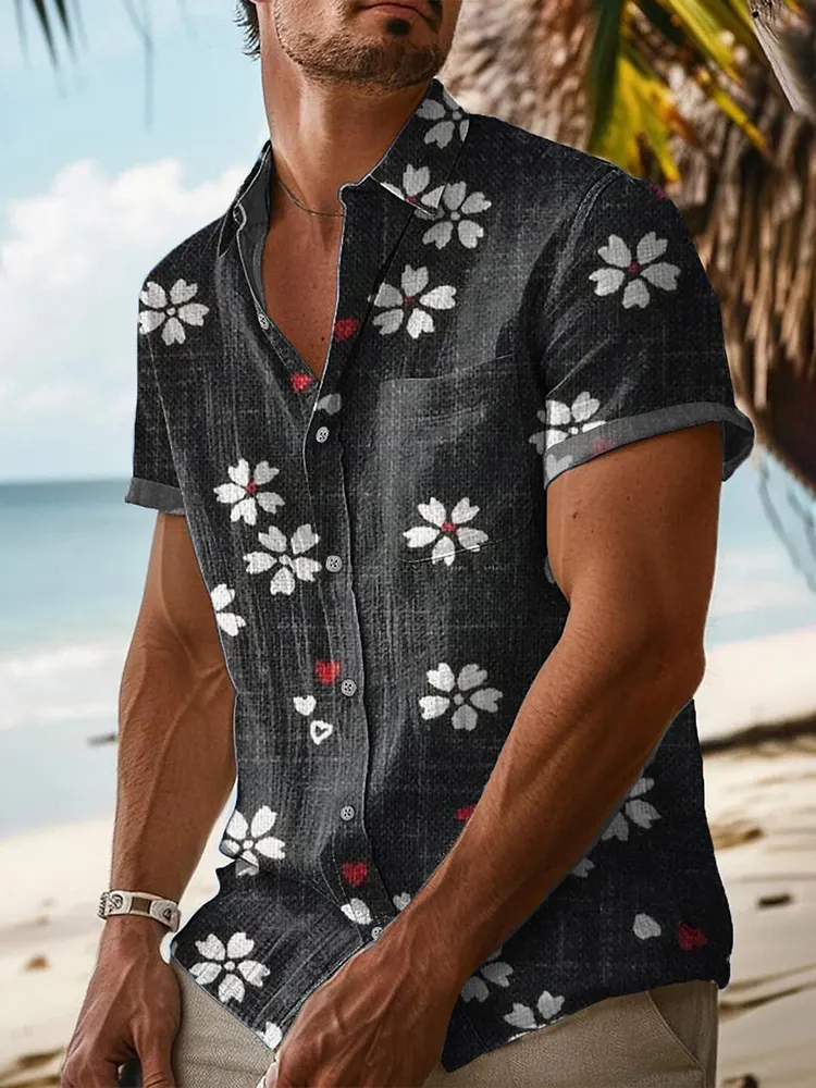 Men's Japanese Floral Art Casual Button-down Shirt - Black