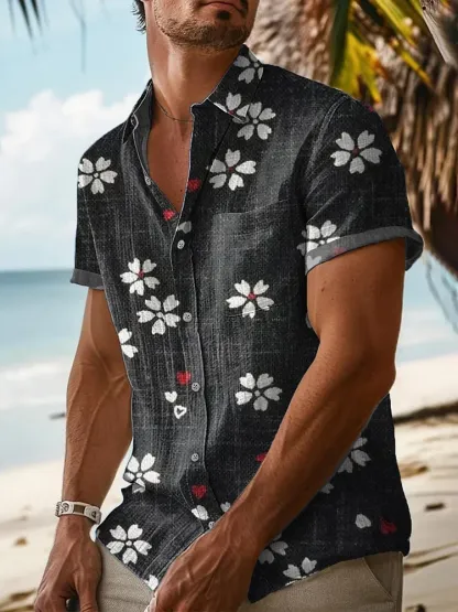 Men's Japanese Floral Art Casual Button-down Shirt - Black