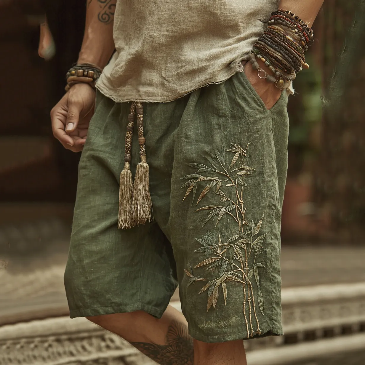 Japanese Bamboo Embroidery Art Linen Blend Casual Shorts - Grey