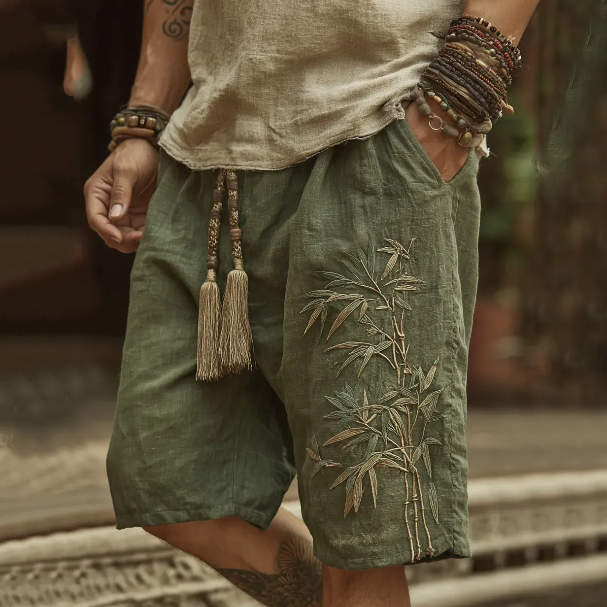 Japanese Bamboo Embroidery Art Linen Blend Casual Shorts - Grey
