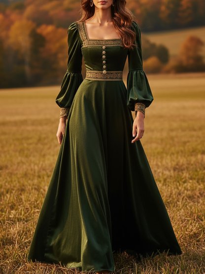 Maxi Cotton Dress, Long Sleeves, Square Neck, Plain, Lace, Vintage, Green - Green