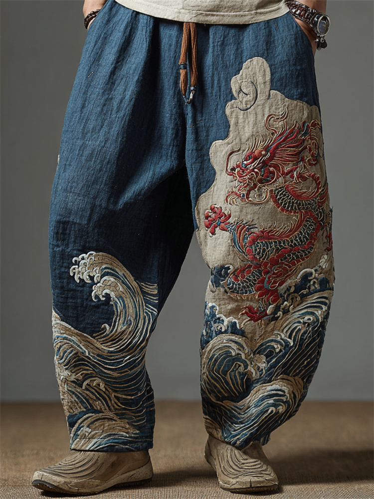Men's Japanese Dragon Sea Waves Embroidered Wide Leg Linen Pants - Blue