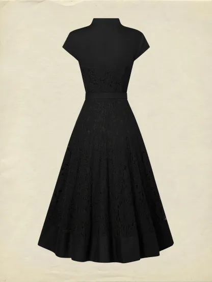 Midi Linen Dress, Sleeveless, V Neck, Lace, Button Design, French Vintage, Black - Black
