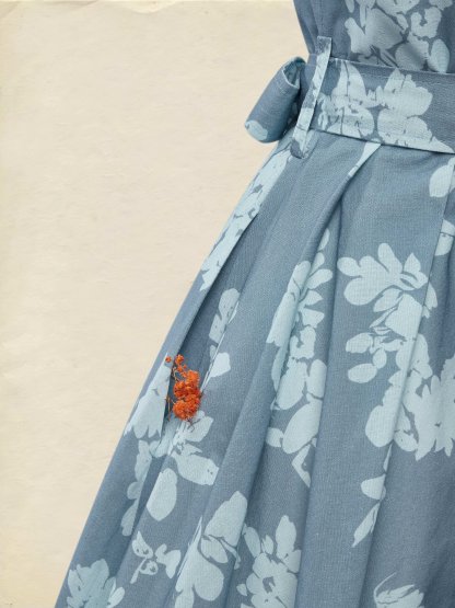 Midi Linen Dress , Half Sleeve, Shawl Collar, Floral, Button Design, Vintage, Blue - Blue