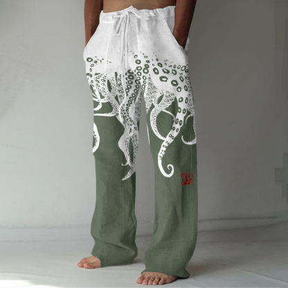 Vintage Japanese Art Octopus Legs Print Casual Linen Blend Pants - Black