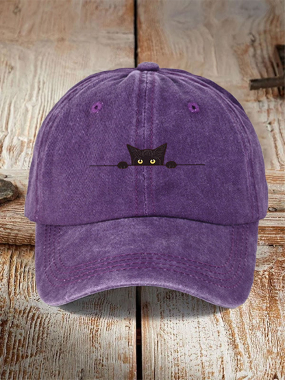 Japanese Art Black Cat Print Washed Hat - Purple