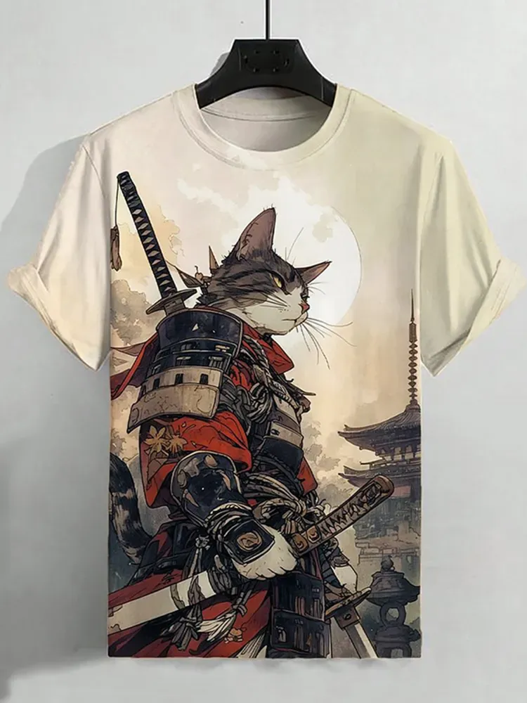 Men's Cat Warrior Guard With Knife Art Print T-shirt - Khaki
