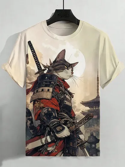 Men's Cat Warrior Guard With Knife Art Print T-shirt - Khaki