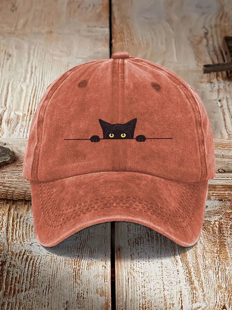 Japanese Art Black Cat Print Washed Hat - Orange