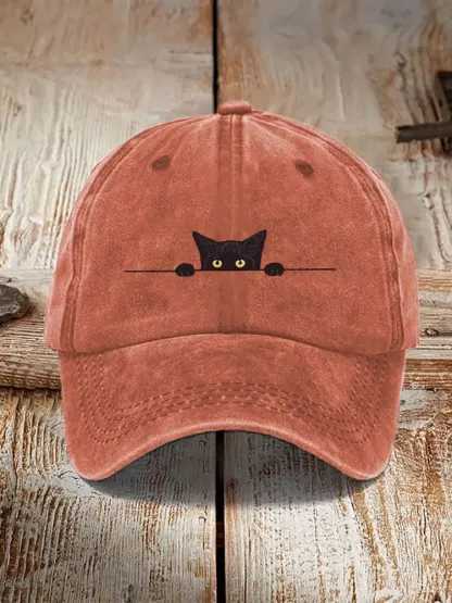 Japanese Art Black Cat Print Washed Hat - Orange