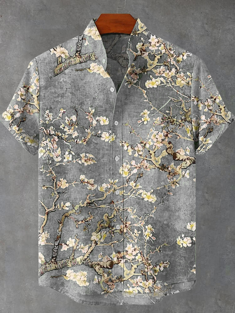Vintage White Art Florets Print Casual Cotton Shirt - Grey