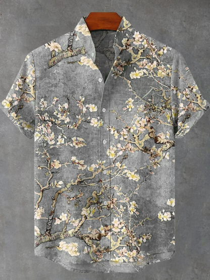 Vintage White Art Florets Print Casual Cotton Shirt - Grey