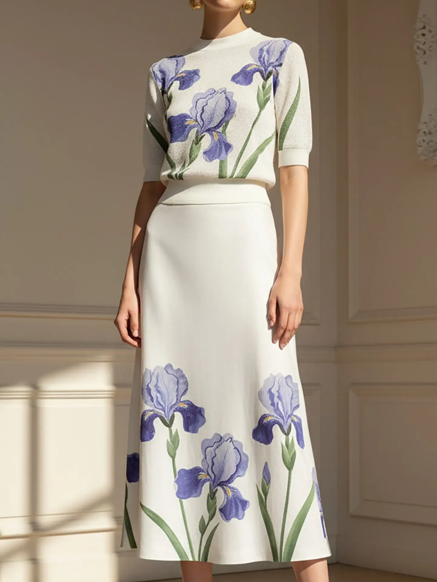 Midi Linen Skirt,  Floral, Vintage, White - White
