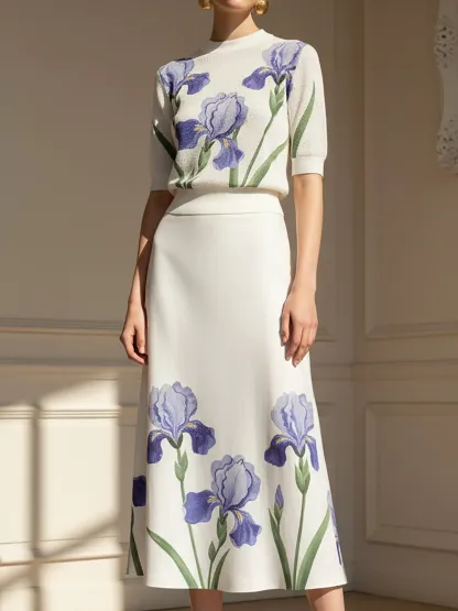 Midi Linen Skirt,  Floral, Vintage, White - White