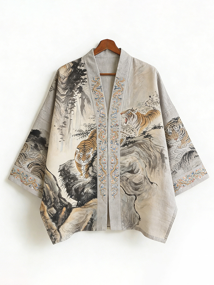 Landscape Painting And Tiger Art Pattern Linen Kimono Cardigan - Grey