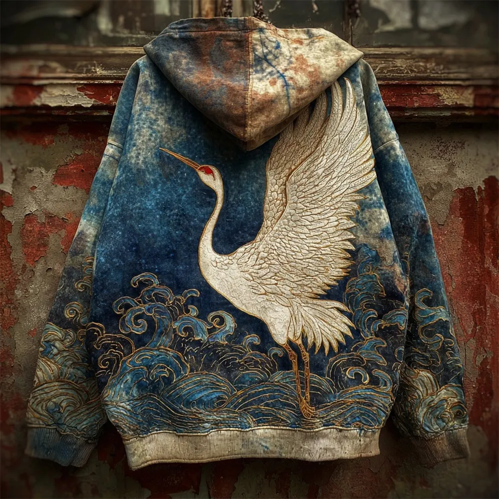 Japanese Ocean Crane Art Men's Vintage Hoodie - Blue