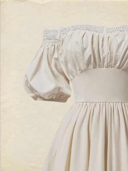 Linen Maxi Dress, Short Sleeve, Off The Shoulder, Plain, Vintage, Daily, White - As Picture