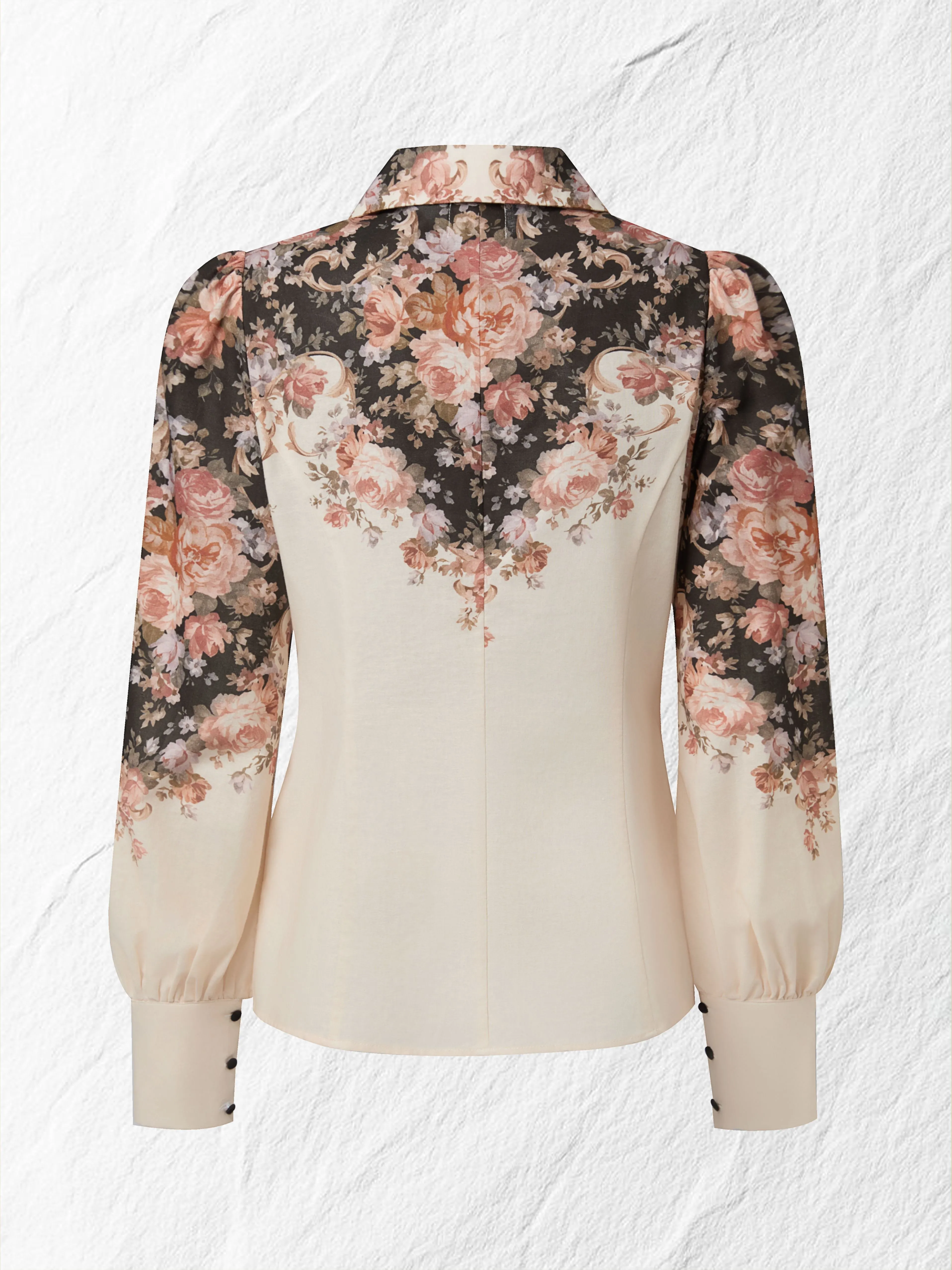 Cotton Shirt, Long Sleeves, Shawl Collar, Floral, Button Design, Vacation, Vintage, Apricot - Apricot