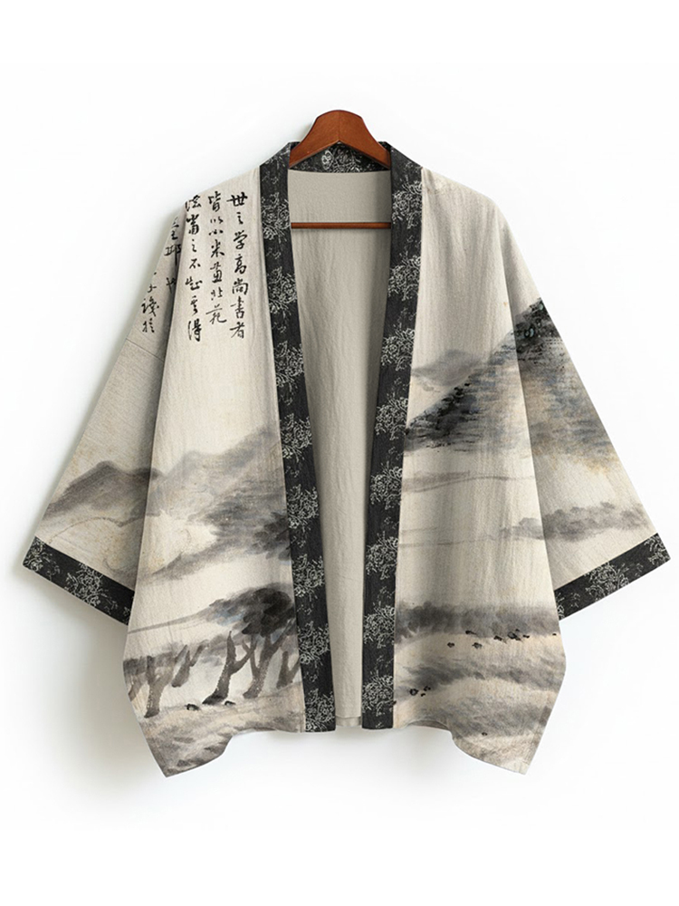 Ink Painting Art Pattern Linen Kimono Cardigan - Beige