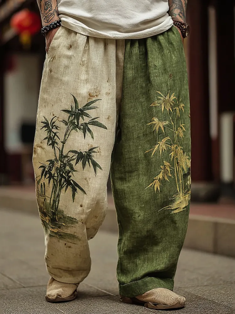 Men's Japanese Bamboo Art Contrast Wide Leg Linen Pants - Green