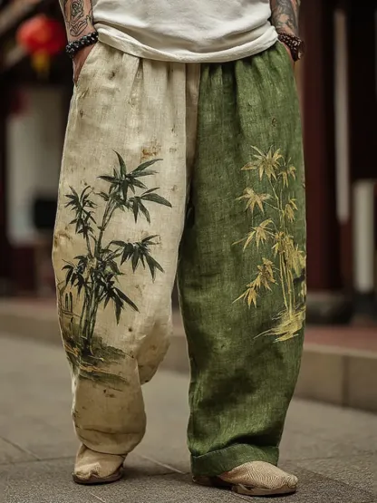 Men's Japanese Bamboo Art Contrast Wide Leg Linen Pants - Green