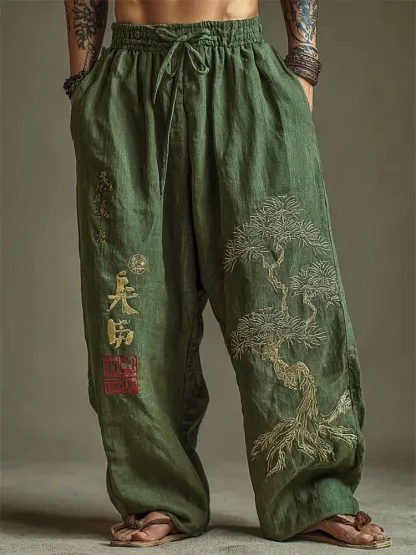 Men's Japanese Pine Tree Embroidered Wide Leg Linen Pants - Green