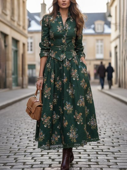 Maxi Linen Skirt, Floral, Pocket Design, Vintage, Green - Green