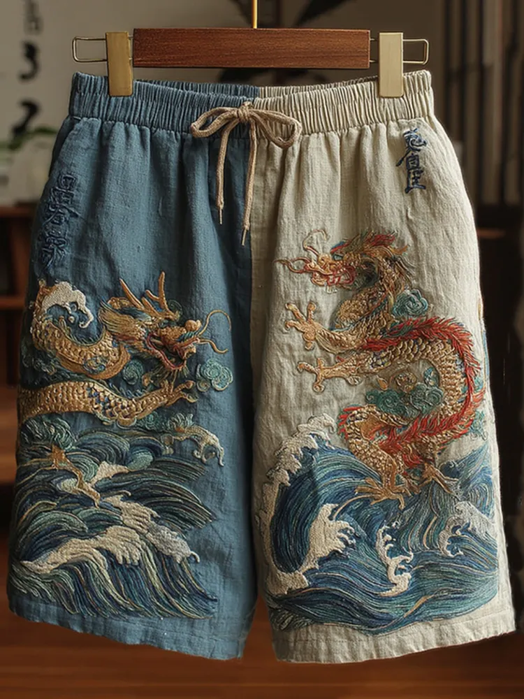 Men's Japanese Dragon Art Contrast Linen Short Pants - Blue