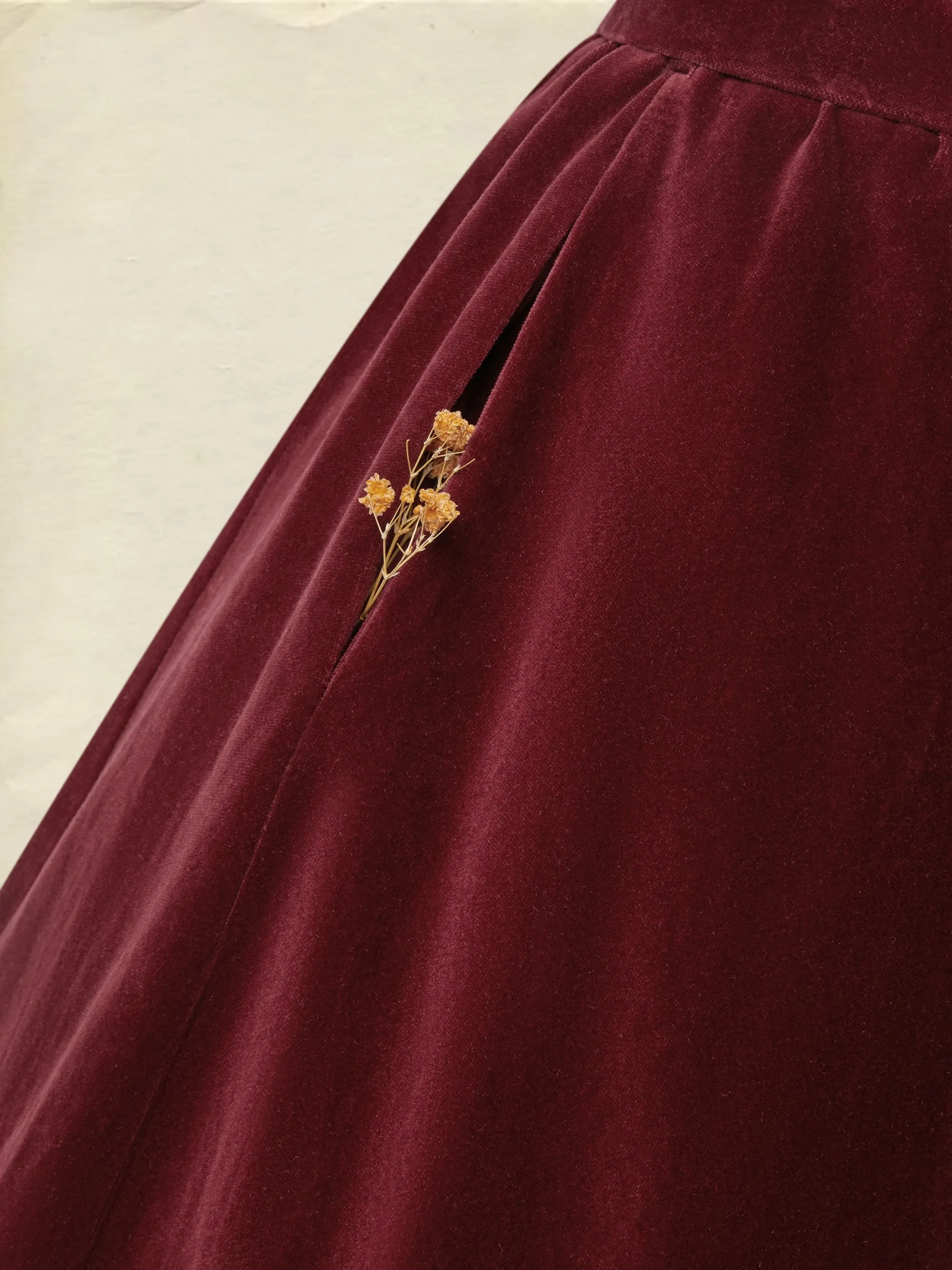 Midi Cotton Dress, Long Sleeves, Stand Collar, Plain, Vintage, Wine Red - Wine Red