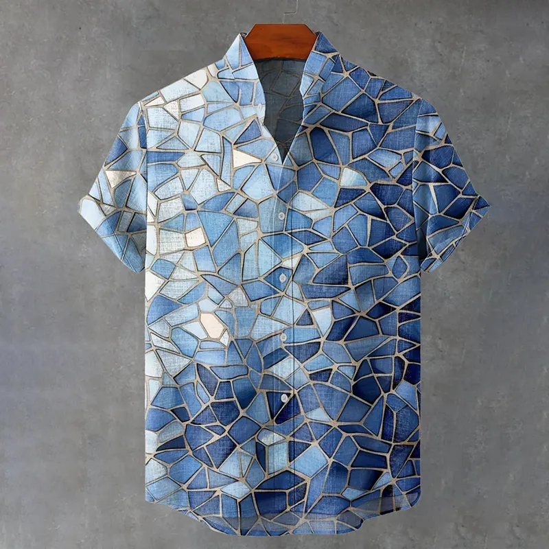 Blue Gradient Glass Texture Art Vintage Print Casual Cotton Shirt - Blue