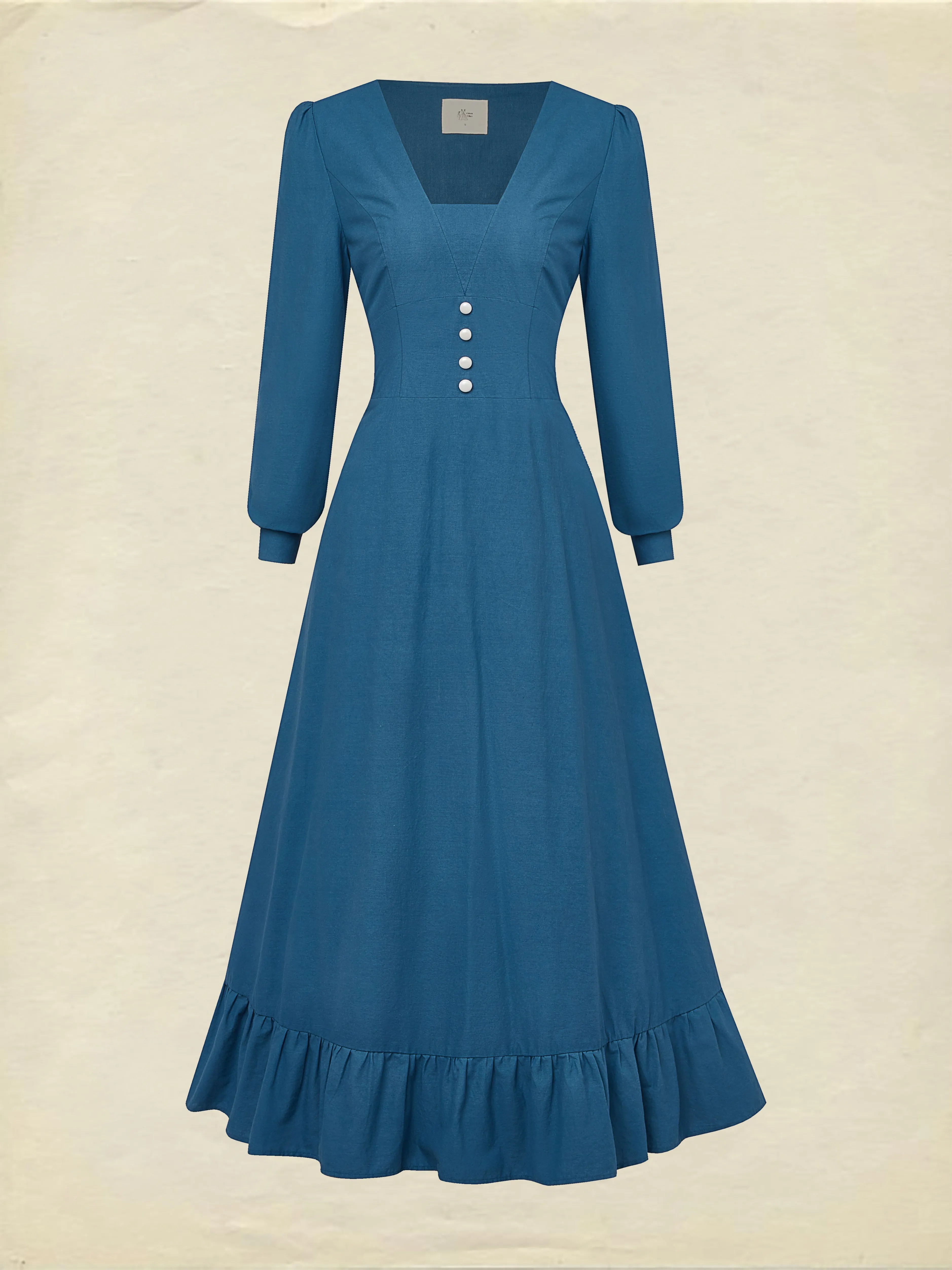 Maxi Cotton Dress, Long Sleeves, V Neck, Plain, Button Design, Vintage, Dark_blue - Dark_blue
