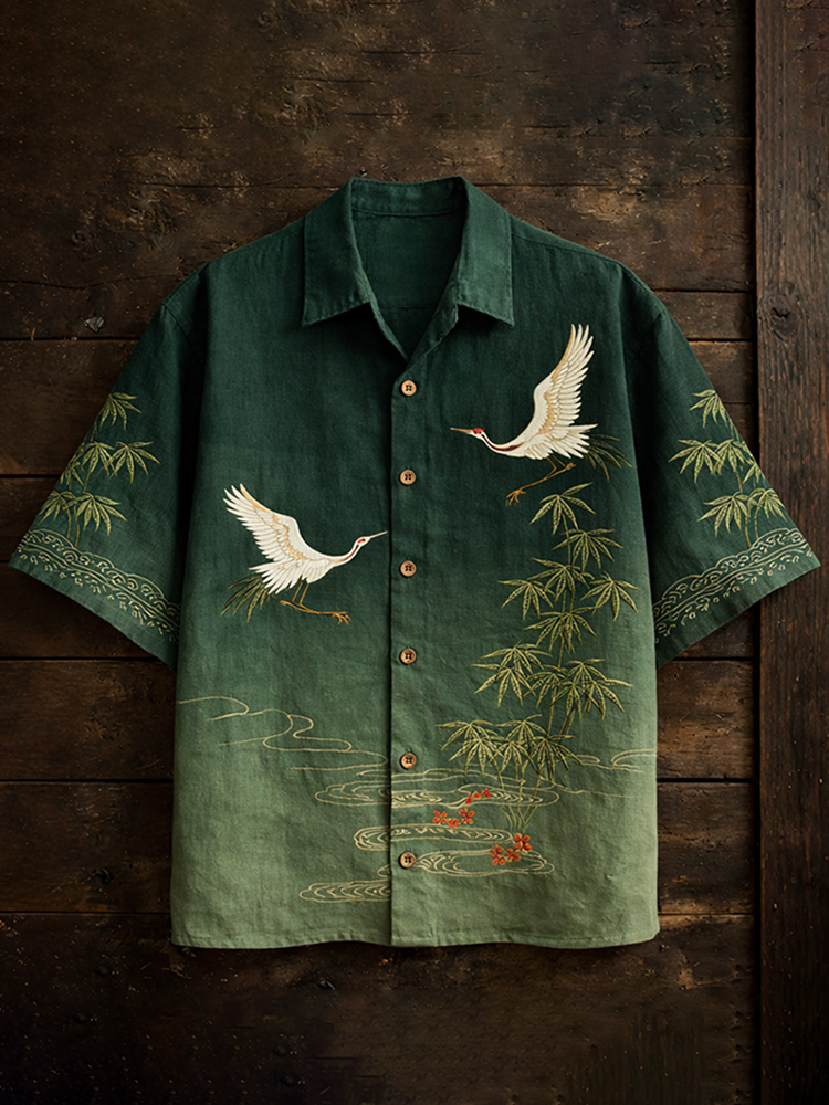 Men's Japanese-style Bamboo Cranes Pattern Linen Short-sleeved Shirt - Green