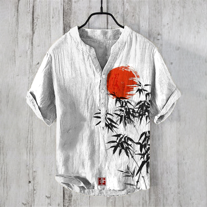 Japanese Bamboo Forest And Red Sun Art Linen Casual Shirt - Grey