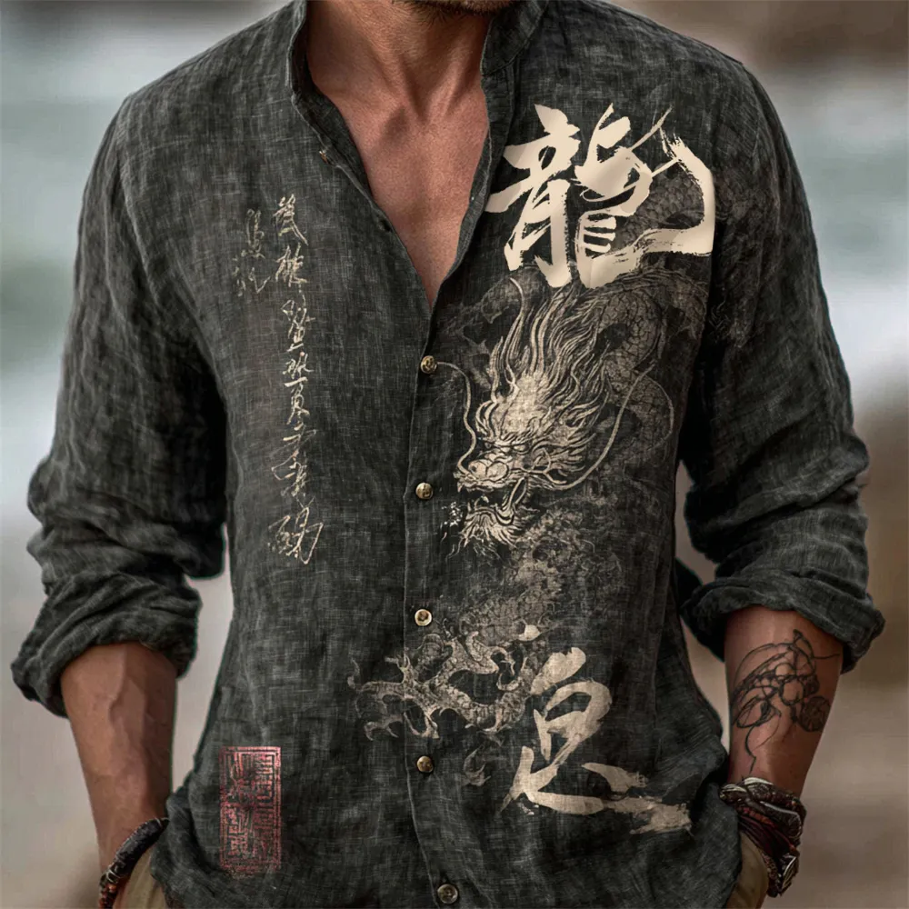 Japanese Zen-inspired Dragon Calligraphy Print Men's Linen Long-sleeve Shirt - Dark gray