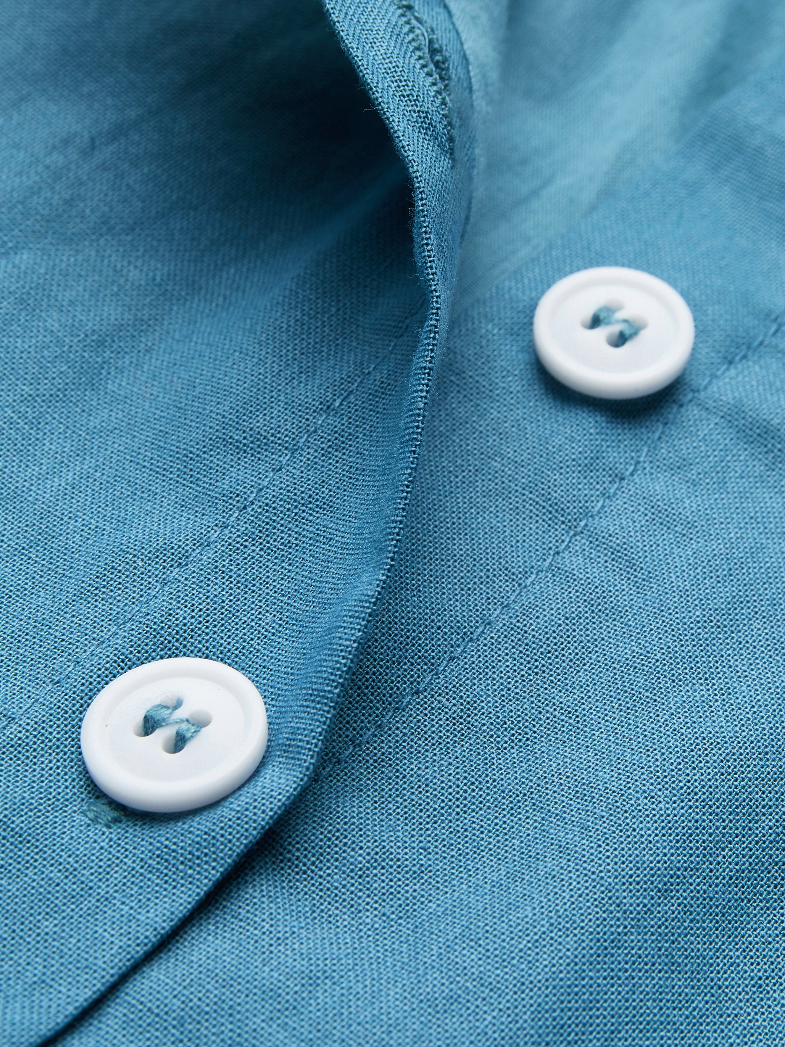 Maxi Linen Dress, Long Sleeve, Stand Collar, Button Down, Cottagecore, Linen Blend, Blue - Blue