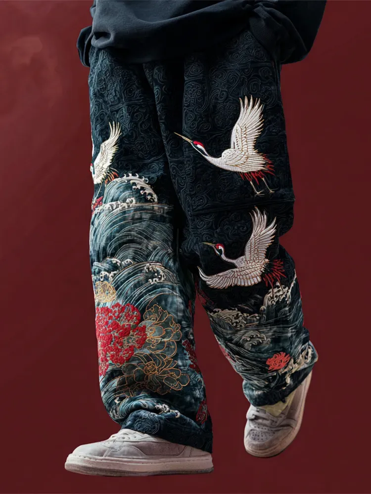 Japanese Ocean Crane Art Men's Casual Pants - Navy blue