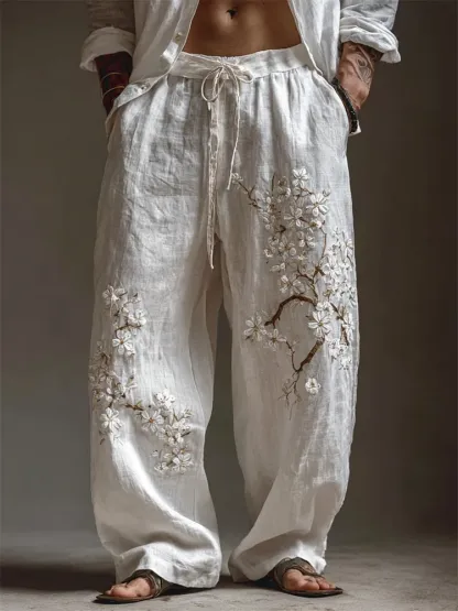 Men's White Almond Blossom Flowy Wide Leg Linen Pants - White