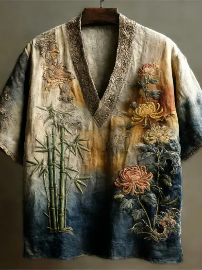 Vintage Japanese Botanical Art Linen V-neck Shirt - Beige