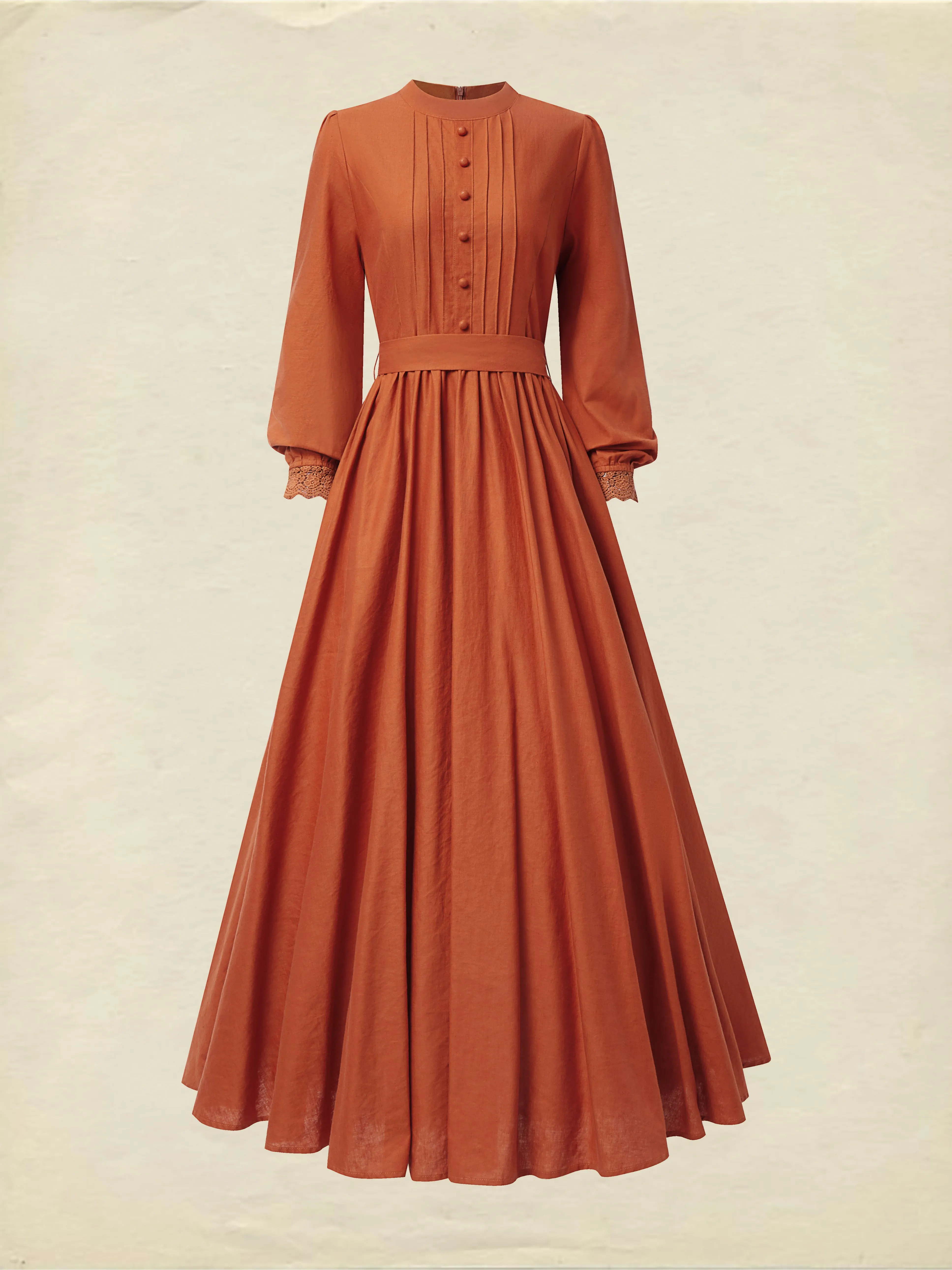 Maxi Linen Dress, Long Sleeves, Stand Collar, Shirt Dress, Linen Blend, Orange - Orange Red